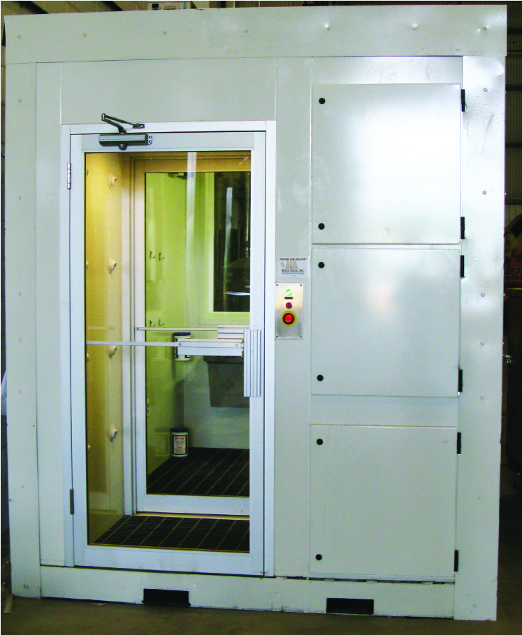 Air Shower with Side Mounted Blower Cabinet Attached to Portable Break Room